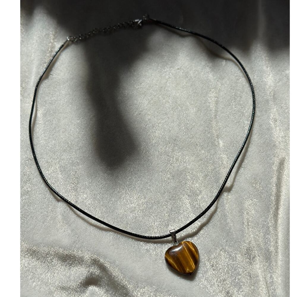 Gorgeous Tigers Eye Bubble Heart Pendant on Leather Chain Necklace